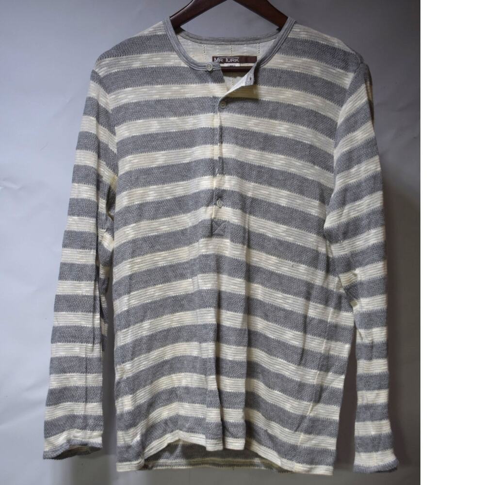 Mr Turk Men’s Gray Ivory Striped Long Sleeve Henley Shirt Size Medium